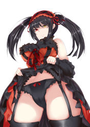 Rule 34 | 1girl, absurdres, bad id, bad pixiv id, bare shoulders, black hair, black legwear, black panties, breasts, cameltoe, clothes lift, commentary, commentary request, cowboy shot, date a live, dress, dress lift, from below, frown, garter straps, gothic lolita, hairband, heterochromia, highres, lifted by self, lolita fashion, lolita hairband, looking at viewer, looking down, medium breasts, navel, panties, red eyes, san zhi chun, simple background, solo, tokisaki kurumi, twintails, underwear, white background, yellow eyes