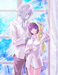 Rule 34 | 1boy, 1girl, :d, amelia wil tesla seyruun, blue eyes, blue skin, brown pants, collarbone, colored skin, cowboy shot, curtains, dress shirt, hand on another&#039;s head, hand on another&#039;s shoulder, kei ss, open mouth, panties, pants, purple hair, shirt, silver hair, slayers, smile, standing, striped clothes, striped panties, towel, towel on head, transparent, underwear, white shirt, window, zelgadiss graywords