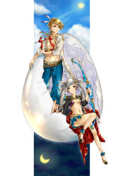 Rule 34 | 1boy, 1girl, absurdres, ahoge, apollo (mythology), artemis (mythology), belt, black footwear, blonde hair, blue eyes, blue sky, bow (weapon), braid, breasts, brother and sister, cleavage, cloud, cracked egg, crescent, crescent hair ornament, crescent moon, day, denim, egg, eggshell, feather hair ornament, feathers, greek mythology, groin, hair ornament, harp, highres, instrument, jeans, long hair, looking at viewer, midriff, moon, mythical world (shutan), navel, pants, shoes, siblings, silver hair, sitting, sky, small breasts, standing, sun, twintails, weapon