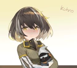 Rule 34 | 1girl, arknights, bad id, bad pixiv id, bird, black hair, chinese commentary, commentary request, gradient background, grey sweater, highres, hug, kuhnowushi, long sleeves, magallan (arknights), multicolored hair, partial commentary, penguin, ribbed sweater, short hair, streaked hair, sweater, the emperor (arknights), upper body, white background, white hair, yellow background, yellow eyes
