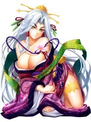 Rule 34 | 1girl, bad id, bad pixiv id, bare shoulders, barefoot, breasts, cleavage, collarbone, floral print, hair ornament, hair tubes, highres, japanese clothes, kimono, kneeling, large breasts, legs, long hair, long sleeves, naughty face, original, side slit, sidelocks, silver hair, simple background, smile, solo, thighs, tonee, very long hair, white background, wide sleeves, yellow eyes