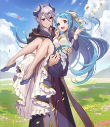 Rule 34 | 1boy, 1girl, blue eyes, blue hair, braid, breasts, carrying, carrying person, character request, closed mouth, cloud, copyright request, dress, frilled dress, frills, hair ribbon, highres, horns, long hair, meadow, medium breasts, open mouth, princess carry, red eyes, ribbon, shoes, silver hair, sky, smile, standing, teffish