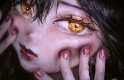 Rule 34 | 1girl, black background, black hair, hair between eyes, hatena (nazequestion), heart, highres, looking at viewer, nail polish, original, pink nails, portrait, solo, yellow eyes
