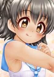 Rule 34 | 1girl, :q, akagi miria, armpits, black hair, blue sailor collar, blush, breasts, brown eyes, closed mouth, commentary request, hair between eyes, highres, idolmaster, idolmaster cinderella girls, idolmaster cinderella girls starlight stage, regular mow, sailor collar, shirt, signature, sleeveless, sleeveless shirt, small breasts, smile, solo, tongue, tongue out, twitter username, two side up, upper body, white shirt