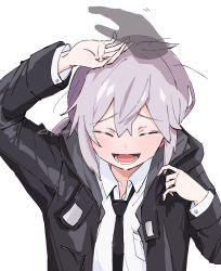 Rule 34 | 1girl, :d, ahoge, black jacket, black necktie, blush, citron80citron, collared shirt, closed eyes, girls&#039; frontline, grey hair, hand on another&#039;s head, jacket, m200 (girls&#039; frontline), necktie, open mouth, ponytail, shirt, simple background, smile, white background, white shirt