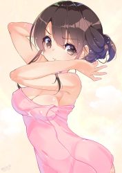Rule 34 | 1girl, :t, beige background, breasts, brown eyes, brown hair, character request, cleavage, covered navel, fujishima-sei ichi-gou, highres, naked towel, pink towel, pout, short hair, signature, solo, towel, twitter username, upper body, wet