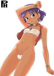 Rule 34 | 1girl, bandeau, bracelet, breasts, c-string, collar, dark-skinned female, dark skin, dutch angle, earrings, female focus, fushigi no umi no nadia, hoop earrings, jewelry, looking at viewer, nadia la arwall, navel, neck ring, necklace, parted lips, pendant, purple hair, red vest, satsuyo, short hair, simple background, small breasts, solo, strapless, strapless bottom, tube top, vest, white background