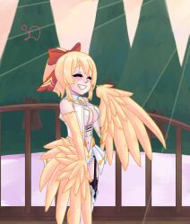 Rule 34 | 1girl, bare shoulders, black thighhighs, blonde hair, blush, breasts, bridge, center opening, commentary, english commentary, feathers, hair ribbon, harpy, highres, indie virtual youtuber, leotard, mavia (vtuber), medium breasts, monster girl, navel, ribbon, solo, stevobread, teeth, thighhighs, virtual youtuber, white thighhighs, winged arms, wings, yellow feathers, yellow wings