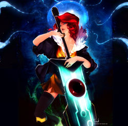 Rule 34 | 1girl, black thighhighs, blue eyes, dress, gemmaqw, highres, huge weapon, jacket, jewelry, lips, red (transistor), red hair, ring, solo, sword, the transistor, thighhighs, transistor (game), weapon