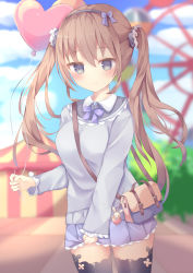 Rule 34 | 1girl, absurdres, bad id, bad pixiv id, bag, bag charm, balloon, between breasts, black thighhighs, blue sky, blurry, blurry background, blush, bow, breasts, brown hair, charm (object), closed mouth, cloud, cloudy sky, collared shirt, commentary request, day, depth of field, ferris wheel, frilled sleeves, frills, grey shirt, hair between eyes, hair bow, hairband, highres, holding, holding balloon, long hair, long sleeves, original, outdoors, pleated skirt, purple bow, purple eyes, purple hairband, purple skirt, shirt, shoulder bag, skirt, skirt grab, sky, sleeves past wrists, small breasts, solo, standing, strap between breasts, thighhighs, tsuruse, twintails, very long hair
