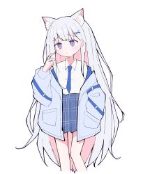 Rule 34 | 1girl, :|, absurdres, animal ear fluff, animal ears, ayatsuno yuni, belt, blue belt, blue necktie, blue skirt, blush, breasts, cat ears, closed mouth, collared shirt, commentary request, cropped legs, dot nose, extra ears, finger to face, furrowed brow, grey hair, grey jacket, hair behind ear, hair ornament, hairclip, hand in pocket, hand up, head tilt, highres, jacket, long hair, long sleeves, medium breasts, miniskirt, morphling (artist), necktie, off shoulder, open clothes, open jacket, plaid, plaid skirt, pleated skirt, puffy long sleeves, puffy sleeves, purple eyes, shirt, shirt tucked in, simple background, skirt, solo, standing, star-shaped pupils, star (symbol), stellive, symbol-shaped pupils, thick eyelashes, very long hair, virtual youtuber, white background, white shirt