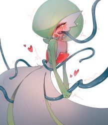 Rule 34 | 1girl, ^ ^, absurdres, between legs, blush, bob cut, closed eyes, collarbone, colored skin, creatures (company), crying, ettt, female focus, flat chest, game freak, gardevoir, gen 3 pokemon, green hair, green skin, hair over one eye, highres, multicolored skin, nintendo, one eye covered, open mouth, own hands together, pokemon, pokemon (creature), short hair, simple background, solo, standing, sweat, tears, tentacle grab, tentacle sex, tentacles, trembling, two-tone skin, v arms, white background, white skin