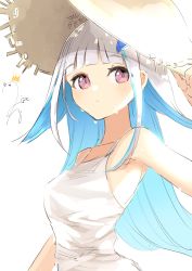 Rule 34 | 1girl, absurdres, arm up, bare shoulders, blue hair, blush, breasts, brown eyes, brown hat, closed mouth, dress, grey hair, hair ornament, hand on headwear, hat, highres, lize helesta, looking at viewer, medium breasts, multicolored hair, nijisanji, ogura tubuan, signature, simple background, sleeveless, sleeveless dress, solo, straw hat, sweat, two-tone hair, upper body, virtual youtuber, white background, white dress
