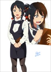 Rule 34 | 10s, 1girl, 2016, anime coloring, black hair, border, bow, bowtie, brown eyes, dated, flying sweatdrops, hair ribbon, highres, k.ty (amejin), kimi no na wa., miyamizu mitsuha, official style, open mouth, pantyhose, pen, ribbon, short hair, signature, simple background, solo, tears, twitter username, white background, writing