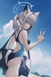 Rule 34 | 1girl, 2no (pixiv75196219), absurdres, animal ear fluff, animal ears, ass, bag, beach, black one-piece swimsuit, blue archive, blue eyes, blue sky, breasts, cloud, competition swimsuit, covered navel, cross hair ornament, day, dutch angle, extra ears, from behind, grey hair, hair ornament, halo, highleg, highleg leotard, highres, leotard, looking at viewer, low ponytail, medium breasts, medium hair, mismatched pupils, multicolored clothes, multicolored swimsuit, official alternate costume, one-piece swimsuit, outdoors, shiroko (blue archive), shiroko (swimsuit) (blue archive), sky, solo, swimsuit, v, waves, wolf ears