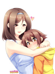 Rule 34 | 1boy, 1girl, age difference, amagamido, blush, brown eyes, brown hair, child, hairband, heart, hetero, highres, hood, hoodie, hug, jewelry, mature female, mother and son, onee-shota, original, ring, simple background, smile, wedding band, white background