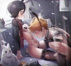 Rule 34 | 1boy, 1girl, absurdres, animal ears, black hair, bleach, blush, breasts, censored, heart, heart censor, highres, kuchiki rukia, kurosaki ichigo, navel, rabbit ears, rabbit tail, short hair, small breasts, tail, thighhighs, underwear, waligner