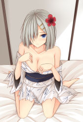 Rule 34 | 10s, 1girl, blue eyes, blush, breasts, hair ornament, hair over one eye, hairclip, hamakaze (kancolle), highres, japanese clothes, kanpyo (hghgkenfany), kantai collection, kimono, large breasts, looking at viewer, short hair, silver hair, solo, torn clothes, yukata