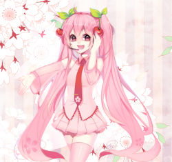 Rule 34 | 1girl, cherry, cherry blossoms, dated, detached sleeves, food, fruit, hatsune miku, headset, liang, long hair, necktie, open mouth, pink hair, pink thighhighs, red eyes, sakura miku, skirt, solo, striped, striped background, thighhighs, twintails, very long hair, vocaloid