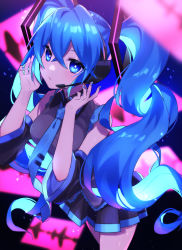 Rule 34 | 1girl, black background, blue background, blue eyes, blue hair, blush, closed mouth, hatsune miku, headphones, hibikase (vocaloid), highres, long hair, looking at viewer, multicolored background, nail polish, pink background, solo, soramame pikuto, twintails, vocaloid