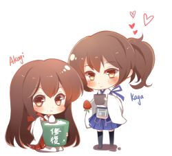 Rule 34 | 10s, 2girls, akagi (kancolle), bad id, bad pixiv id, baocaizi, black legwear, blush, bucket, character name, chewing, chibi, cup, drop shadow, eating, food, food on face, fruit, heart, highres, japanese clothes, kaga (kancolle), kantai collection, long hair, looking at viewer, mug, multiple girls, rice, rice on face, side ponytail, simple background, spoon, strawberry, thighhighs, white background, white legwear, yellow eyes