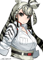 Rule 34 | 10s, 1girl, animal ears, belt, black hair, blush, chapman&#039;s zebra (kemono friends), collared shirt, grey eyes, grey hair, happa (cloverppd), kemono friends, long hair, looking at viewer, multicolored hair, partially unbuttoned, shirt, sleeves rolled up, solo, striped, two-tone hair, white background, zebra ears