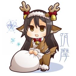 Rule 34 | 10s, 1girl, :d, animal costume, animal ears, antlers, bell, black hair, bow, brown eyes, character name, chibi, chikuma (kancolle), commentary request, cowbell, deer ears, deer tail, gift bag, gurageida, horn bell, horn bow, horn ornament, horns, kantai collection, long hair, open mouth, reindeer antlers, reindeer costume, smile, snowflakes, solo, tail