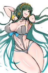 Rule 34 | 1girl, :d, absurdres, armpits, arms behind head, blush, breasts, cleavage, cleopatra (fate), curvy, fate/grand order, fate (series), green eyes, green hair, hairband, highres, hometa, large breasts, long hair, looking at viewer, navel, one-piece swimsuit, open mouth, simple background, sketch, smile, solo, stomach, swimsuit, teeth, thick thighs, thighs, very long hair, white background, wide hips