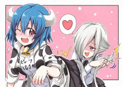 2girls, absurdres, animal print, bell, black nails, black skirt, blue hair, blush, breasts, cow girl, cow horns, cow print, cow tail, eyebrows visible through hair, fang, grey hair, hair over one eye, heart, highres, horns, jacket, jashin-chan dropkick, large breasts, looking at another, minos (jashin-chan dropkick), multiple girls, nail polish, neck bell, one eye closed, open mouth, persephone ii, pink eyes, pleated skirt, shirt, short hair, skirt, sleeves rolled up, smile, speech bubble, spoken heart, tail, white shirt, yuri, yyuki317