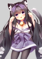 Rule 34 | 1girl, :d, akiaki (mofumo-freak), animal ear fluff, animal ears, arashio (azur lane), azur lane, bell, black hair, black pantyhose, blunt bangs, blush, bow, breasts, cat ears, cat girl, cat tail, choker, commentary request, cowboy shot, floral print, grey background, hair bow, hair intakes, highres, japanese clothes, jingle bell, kimono, large breasts, long hair, long sleeves, looking at viewer, neck bell, off shoulder, open mouth, pantyhose, paw pose, purple bow, purple choker, purple skirt, sidelocks, skirt, smile, solo, tail, wide sleeves