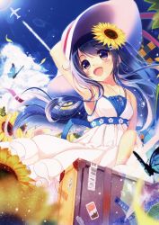 Rule 34 | 1girl, :d, absurdres, aircraft, airplane, akabane (zebrasmise), armpits, bare shoulders, blue eyes, blue hair, blush, bug, butterfly, cloud, contrail, day, dress, flower, hair flower, hair ornament, hand on headwear, hat, highres, bug, long hair, matching hair/eyes, open mouth, original, sky, sleeveless, smile, solo, suitcase, sunflower, twintails