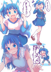 Rule 34 | &gt; &lt;, 1girl, absurdres, alternate hairstyle, animal ears, aoshidan school uniform, bag, black footwear, blue eyes, blue hair, blue jacket, blue shirt, blue skirt, blue thighhighs, carrying, clenched hands, closed eyes, dog ears, dog tail, hair down, highres, hirogaru sky! precure, jacket, kemonomimi mode, leaning forward, long sleeves, looking at viewer, mary janes, medium hair, miniskirt, motion lines, muusu, notice lines, open mouth, pajamas, precure, school bag, school uniform, shirt, shoes, side ponytail, single sidelock, skirt, sleeveless, sleeveless shirt, smile, socks, solo, sora harewataru, standing, sweatdrop, tail, tail wagging, thighhighs, translated, two-tone shirt, walking, waving, white background, white footwear, white shirt