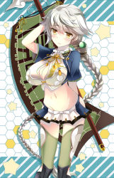 Rule 34 | 10s, 1girl, arm behind back, arm up, blush, bow, bowtie, braid, breasts, cleavage, cleavage cutout, clothing cutout, crop top, flight deck, gem, green thighhighs, groin, hair ornament, holding, honeycomb (pattern), honeycomb background, honeycomb pattern, ichiyou moka, kantai collection, large breasts, light smile, long hair, looking at viewer, lowleg, lowleg skirt, microskirt, midriff, navel, pleated skirt, ribbon, shadow, short sleeves, silver hair, single braid, skirt, smile, solo, standing, star (symbol), striped, striped background, thighhighs, unryuu (kancolle), very long hair, yellow eyes, zettai ryouiki