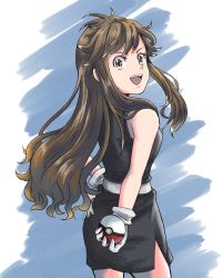 Rule 34 | 1girl, :d, black dress, blue background, brown eyes, brown hair, cowboy shot, creatures (company), dress, floating hair, from behind, game freak, gloves, green (pokemon), hand on own hip, highres, holding, holding poke ball, long hair, looking at viewer, looking back, mahiro (v6gxk), nintendo, open mouth, poke ball, pokemon, pokemon rgby, pokemon rgby beta, short dress, side slit, sleeveless, sleeveless dress, smile, solo, standing, two-tone background, very long hair, white background, white gloves