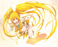 Rule 34 | 10s, 1girl, bad id, bad pixiv id, blonde hair, boots, bow, brooch, cure sunshine, hair ribbon, heart, heart brooch, heartcatch precure!, highres, long hair, magical girl, midriff, myoudouin itsuki, navel, orange bow, orange skirt, precure, ribbon, skirt, solo, wrist cuffs, yamanami kousuke, yellow background, yellow eyes, yellow theme