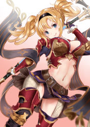 Rule 34 | &gt;:), 10s, 1girl, absurdres, armor, belt, blonde hair, blue eyes, blush, braid, breasts, cleavage, female focus, gloves, gradient background, granblue fantasy, hair intakes, hairband, highres, holding, holding weapon, large breasts, lips, long hair, midriff, navel, polearm, purple gloves, red armor, showgirl skirt, sin (kami148), smile, solo, spear, thighhighs, twin braids, twintails, v-shaped eyebrows, weapon, zeta (granblue fantasy)