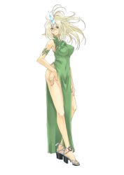 Rule 34 | 1girl, bad id, bad pixiv id, bare shoulders, blonde hair, breasts, brown eyes, china dress, chinese clothes, dress, hand on own hip, high heel sandals, high heels, horns, large breasts, legs, long hair, original, platform footwear, platform heels, pointy ears, sandals, shoes, single horn, solo, unk