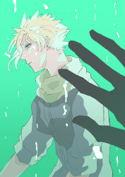 Rule 34 | 87, absurdres, air bubble, aqua eyes, blonde hair, blue shirt, bubble, cloud strife, earrings, final fantasy, final fantasy vii, final fantasy vii remake, floating, green background, green scarf, hand on glass, highres, jewelry, male focus, nibelheim, scarf, shinra infantry uniform, shirt, short hair, single earring, spiked hair, square enix, submerged, test tube, underwater, upper body