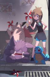 Rule 34 | 1girl, black footwear, blue shorts, brown hair, clefable, closed mouth, commentary, creatures (company), crying, e volution, game freak, gen 1 pokemon, gengar, green (pokemon), hand on own hip, hand up, holding, long hair, looking down, nintendo, outdoors, pinwheel, pokemon, pokemon (creature), pokemon lgpe, poster (object), shoes, shorts, sidewalk, squirtle, standing, tears, wristband