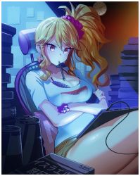1girl, absurdres, bangs, blonde hair, book, book stack, bra, breasts, can, chair, character request, cleavage, clock, copyright request, crossed arms, earrings, gibagiba, highres, in mouth, jewelry, large breasts, long hair, paper, pink eyes, pink scrunchie, scrunchie, shirt, short shorts, shorts, side ponytail, sitting, stylus, tablet pc, thighs, underwear, white shirt, wire