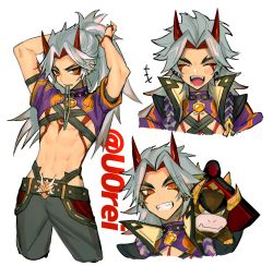 Rule 34 | 1boy, absurdres, adjusting hair, alternate hairstyle, animal, arataki itto, arms up, belt, blush, bodypaint, cow, ear piercing, closed eyes, facepaint, fangs, genshin impact, grin, highres, horns, long hair, male focus, mouth hold, multicolored hair, multiple views, orange eyes, pants, piercing, ponytail, red hair, short sleeves, simple background, smile, symbol-only commentary, thick eyebrows, twitter username, u0rei, vision (genshin impact), white background