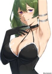 Rule 34 | 1girl, absurdres, arm up, armlet, armpits, between breasts, black dress, black gloves, breasts, cleavage, collarbone, dress, elbow gloves, gloves, green hair, hair between eyes, halterneck, highres, large breasts, long hair, looking at viewer, medium breasts, micchan (micchanmeido), parted lips, presenting armpit, purple eyes, side ponytail, simple background, single elbow glove, single glove, smile, solo, sousou no frieren, twitter username, ubel (sousou no frieren), upper body, white background