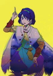 Rule 34 | 1girl, 21scorpii, absurdres, belt, belt pouch, blue cape, buttons, cape, capelet, collared capelet, cropped torso, dress, hairband, highres, long sleeves, looking at viewer, multicolored clothes, multicolored dress, multicolored hairband, multicolored sleeves, open mouth, patchwork clothes, pouch, purple eyes, purple hair, rainbow gradient, rainbow hairband, red belt, short hair, simple background, smile, solo, starry sky print, tenkyuu chimata, touhou, two-sided cape, two-sided fabric, white cape, white capelet, yellow background
