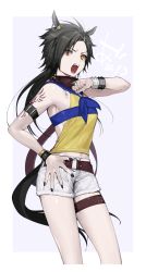 Rule 34 | 1girl, air shakur (umamusume), animal ears, arm strap, backless outfit, bare legs, belt, black hair, black nails, blue neckerchief, border, bracelet, chest strap, commentary request, feet out of frame, glaring, hand on own hip, hand up, highres, horse ears, horse girl, horse tail, jewelry, long hair, looking at viewer, nail polish, neckerchief, open mouth, purple background, sharp teeth, shirt, shorts, sleeveless, sleeveless shirt, solo, spiked bracelet, spikes, studded bracelet, tail, tan (inka), tattoo, teeth, thigh strap, torn clothes, torn shorts, translation request, umamusume, white border, white shorts, yellow eyes, yellow shirt