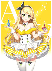 Rule 34 | 1girl, black bow, black hairband, black ribbon, blonde hair, blush, bow, breasts, cleavage, closed mouth, detached sleeves, diamond earrings, dress, earrings, garter straps, gradient background, green eyes, hair ribbon, hairband, hands up, head tilt, highres, holding, jewelry, long hair, looking at viewer, medium breasts, nardack, original, pleated dress, puffy short sleeves, puffy sleeves, ribbon, short sleeves, smile, solo, sparkle, strapless, strapless dress, striped clothes, striped dress, thighhighs, vertical-striped clothes, vertical-striped dress, very long hair, white background, white thighhighs, wrist cuffs, yellow background, yellow dress