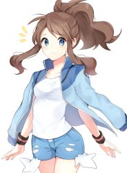 Rule 34 | 1girl, ^^^, ahoge, arms at sides, blue eyes, blue jacket, blue shorts, blush, borrowed clothes, breasts, brown hair, closed mouth, collarbone, cowboy shot, creatures (company), game freak, highres, hilda (pokemon), jacket, jacket on shoulders, long hair, long sleeves, looking at viewer, medium breasts, nintendo, no headwear, open clothes, open jacket, pokemon, pokemon bw, ponytail, shirt, short shorts, shorts, sidelocks, simple background, solo, sweatband, swept bangs, white background, white shirt, yuhi (hssh 6)
