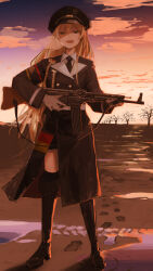 Rule 34 | 1girl, absurdres, aiguillette, bare tree, black footwear, black jacket, black necktie, black thighhighs, blonde hair, boots, breath, collared shirt, commentary request, commission, girls&#039; frontline, green eyes, gun, highres, holding, holding gun, holding weapon, jacket, kappa modoki, long hair, long sleeves, looking at viewer, military uniform, necktie, open mouth, shirt, skeb commission, stg44 (girls&#039; frontline), thighhighs, tree, uniform, very long hair, weapon, weapon request, white shirt
