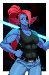 Rule 34 | 1girl, belt, breasts, cleavage, colored sclera, eyepatch, eyeshadow, female focus, fins, fish girl, gills, hand on own hip, head fins, highres, large breasts, lips, long hair, makeup, muscular, muscular female, nail polish, no nose, polearm, ponytail, red hair, scar, scar on arm, sharp teeth, simple background, solo, teeth, tovio rogers, undertale, undyne, weapon, yellow sclera