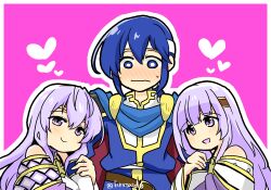 Rule 34 | 1boy, 2girls, blue hair, brother and sister, cape, circlet, dress, dual persona, fire emblem, fire emblem: genealogy of the holy war, holding, holding another&#039;s arm, julia (crusader of light) (fire emblem), julia (fire emblem), long hair, multiple girls, nintendo, purple cape, purple eyes, purple hair, seliph (fire emblem), siblings, simple background, yukia (firstaid0)