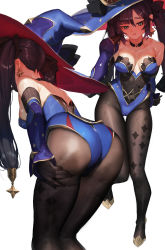 Rule 34 | 1girl, absurdres, ass, bare shoulders, black choker, black gloves, black pantyhose, blue leotard, blush, breasts, cameltoe, choker, cleavage, genshin impact, gloves, hair ribbon, hat, high heels, highres, huge ass, jewelry, leotard, long hair, looking at viewer, looking back, medium breasts, mona (genshin impact), multiple views, neck, necklace, pantyhose, parted lips, print legwear, ribbon, shiny skin, simple background, standing, strapless, strapless leotard, sweat, teeth, tunamayo (dsasd751), twintails, white background, witch hat